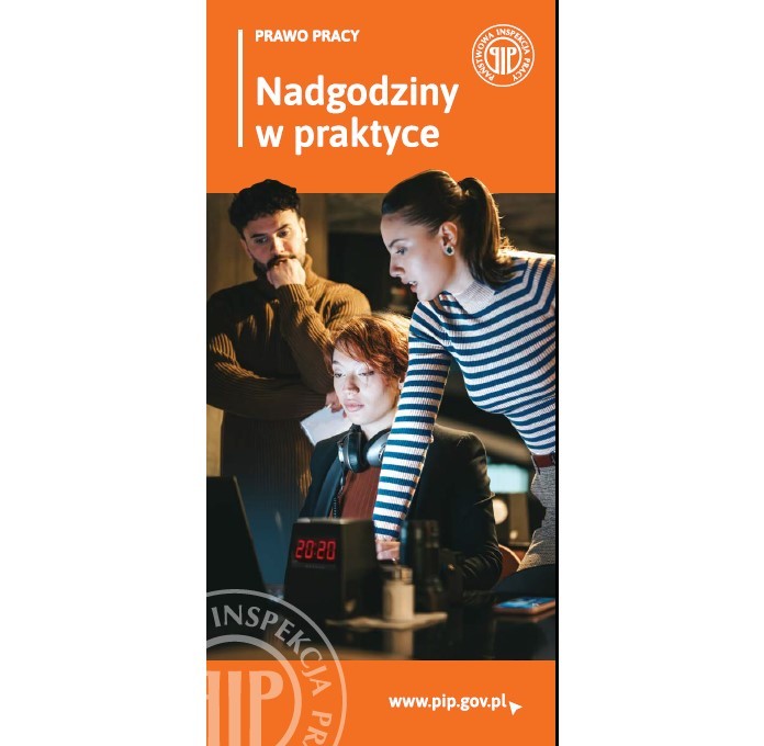 okładka ulotki przedstawiająca  troje pracowników i zegar